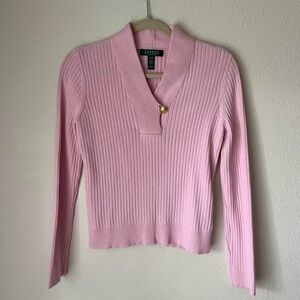 Lauren Ralph Lauren baby Pink Ribbed v neck Sweater with gold button sz PM